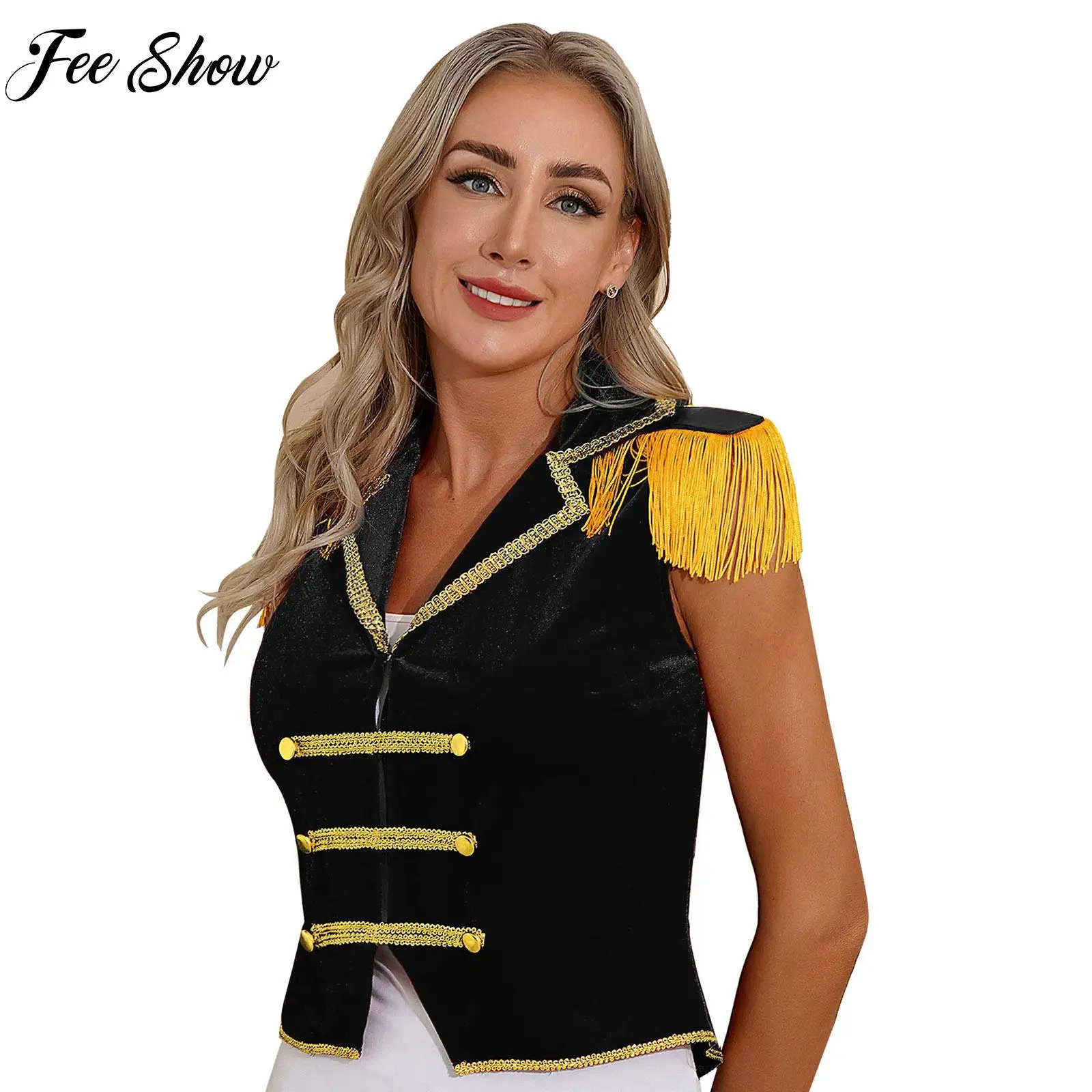 

Womens Circus Ringmaster Role Play Tops Halloween Cosplay Costume Lapel Tassels Velvet Waistcoat Irregular Hem Button Vest