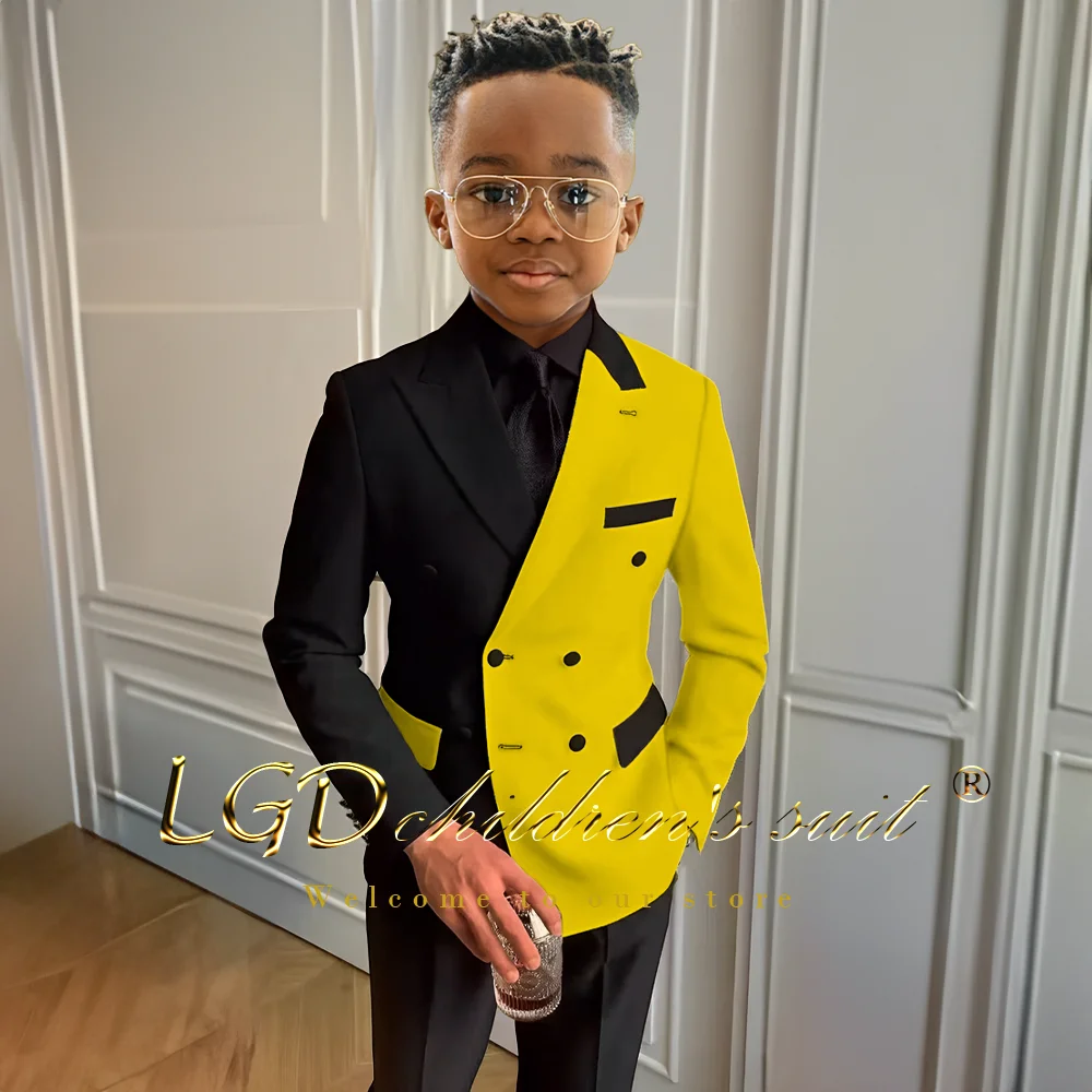Boys Formal Suit Set Stylish Boys Peak Lapel Double Breasted 2 Piece Suit Black and White Fitted Formal Wedding Event Tuxedo Jacket + Pants