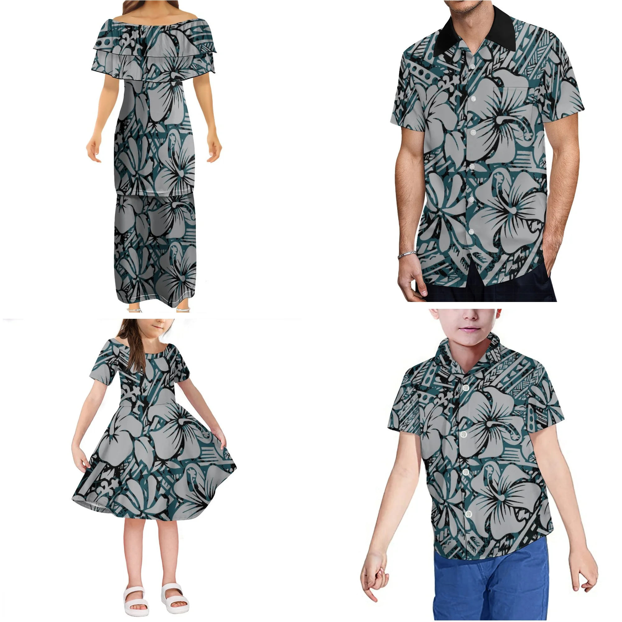 1 MOQ Cheap Mom Child Family Outfits Clothing Custom Polynesian Samoa Tribal Mommy Kids Dress Casual Mother Puletasi Dress Set