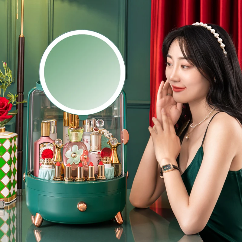 Makeup Organizer Box with LED Light Mirror Portable Travel Cosmetics