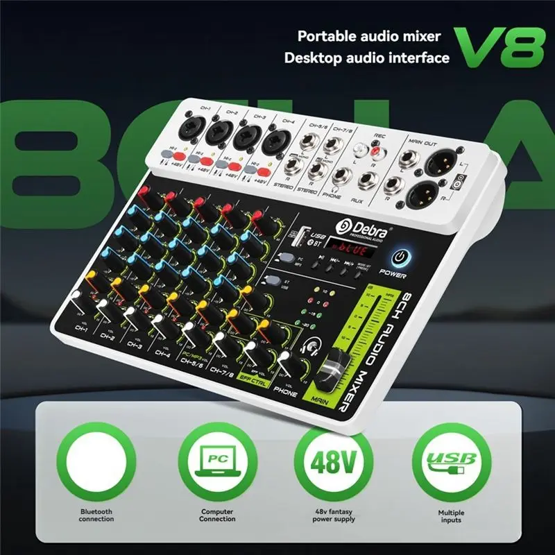 DEBRA PROFESSIONAL AUDIO V8 오디오 믹서 블루투스 USB 48V 팬텀 파워 딜레이 리피트 기능이 있는 소형 믹싱 콘솔(DJ용)