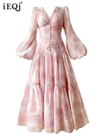 فستان IEQJ فرنسي أنيق بطباعة الزهور للنساء بياقة على شكل v بأكمام طويلة وخصر مرتفع بتصميم متأرجح للأميرة 3WQ6777 1