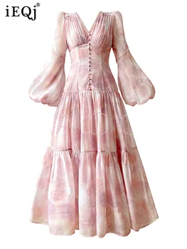 فستان IEQJ فرنسي أنيق بطباعة الزهور للنساء بياقة على شكل v بأكمام طويلة وخصر مرتفع بتصميم متأرجح للأميرة 3WQ6777 1