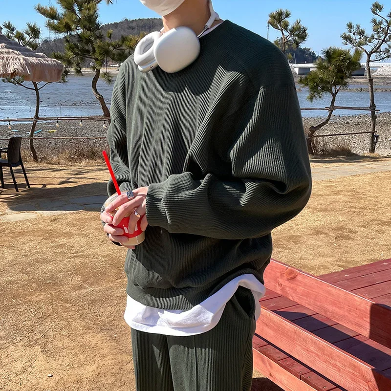 Men's Clothing Sets Round Neck Sweater Korean Version Loose Fashion Pleated Top Two Piece Set of Handsome Casual Sports Set