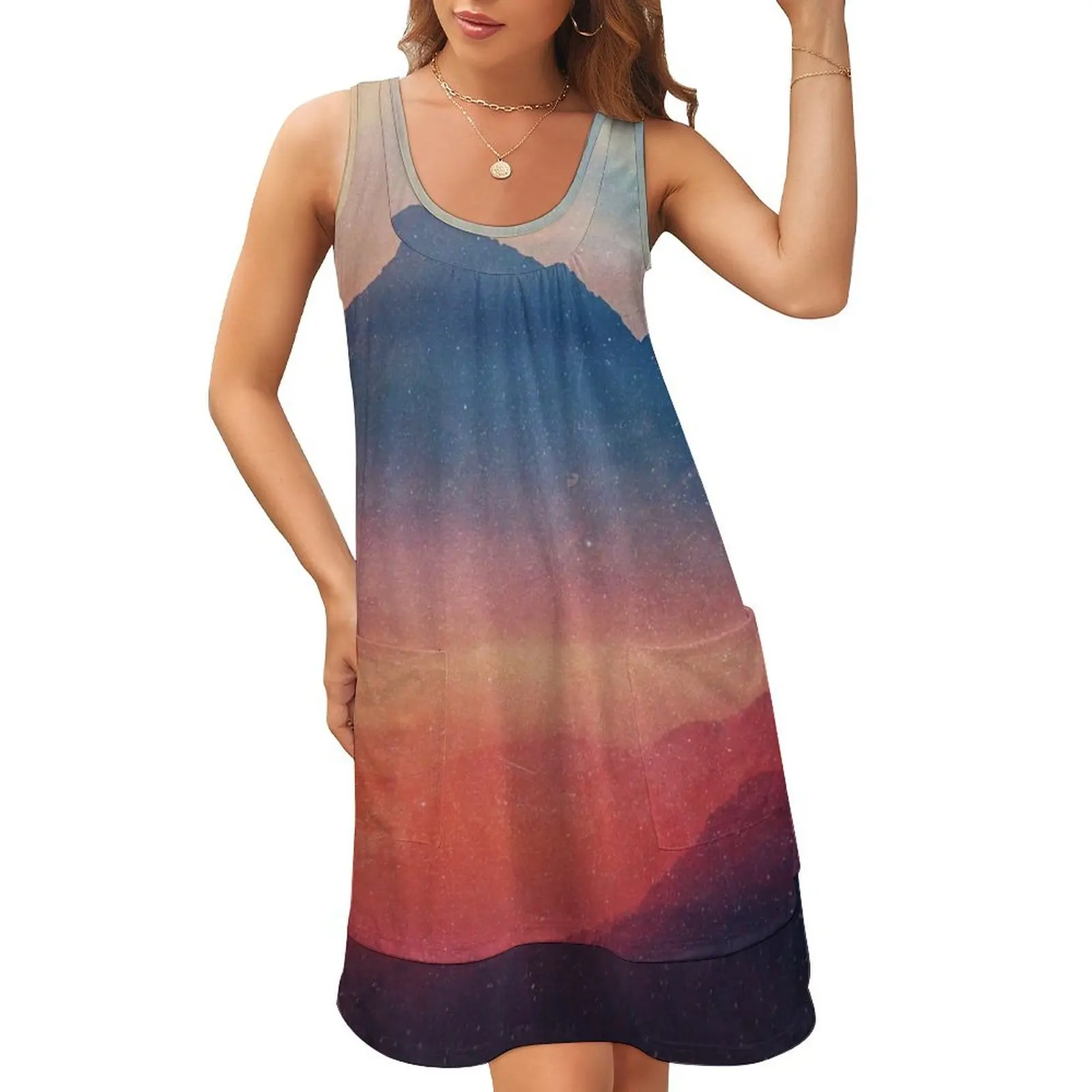 

Landscape Sleeveless U-Neck Fake Two Piece Dress Dress vintage woman dress
