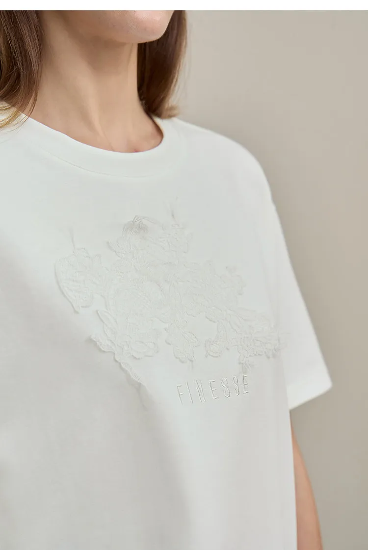 Amii Women's T-Shirt 2026 Summer New Round Neck Drop Shoulder Cotton Tee Lace Embroidered Woman Loose Fit knit Tops 12622048