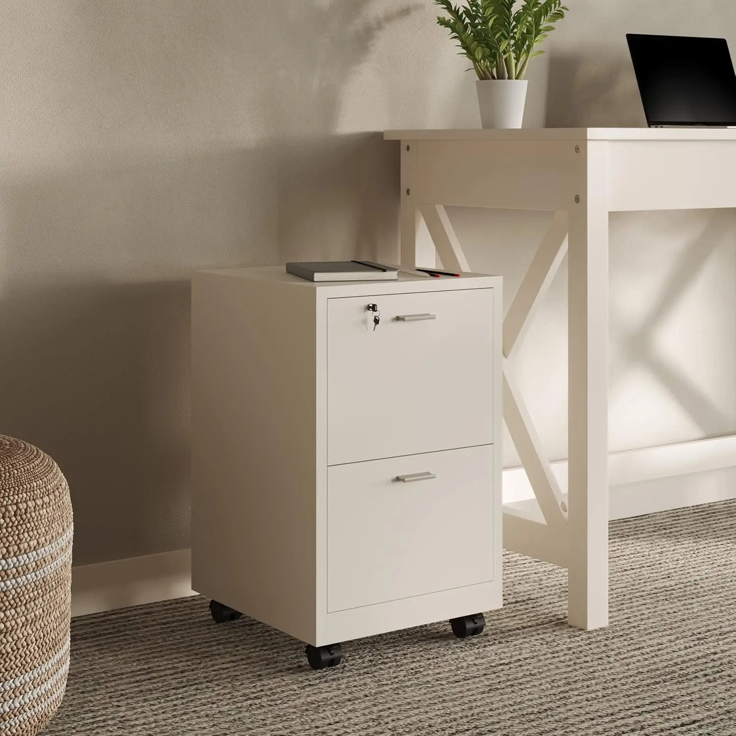 2-Drawer Rolling Filing Cabinet with Lock & Deep Storage, Fits Under Desk for Home or Office Use – White, 15.7"x14.7"x24"
