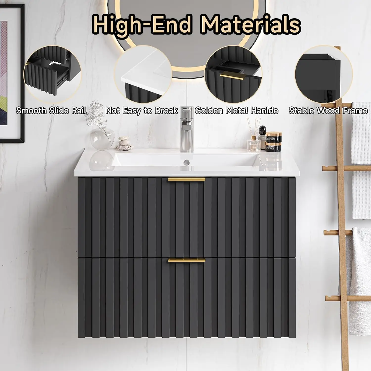 24 Inch Bathroom Vanity with Sink Combo, Floating Bathroom Vanity with 2 Fluted Drawer & Metal Handles, Modern Wall Mount 6