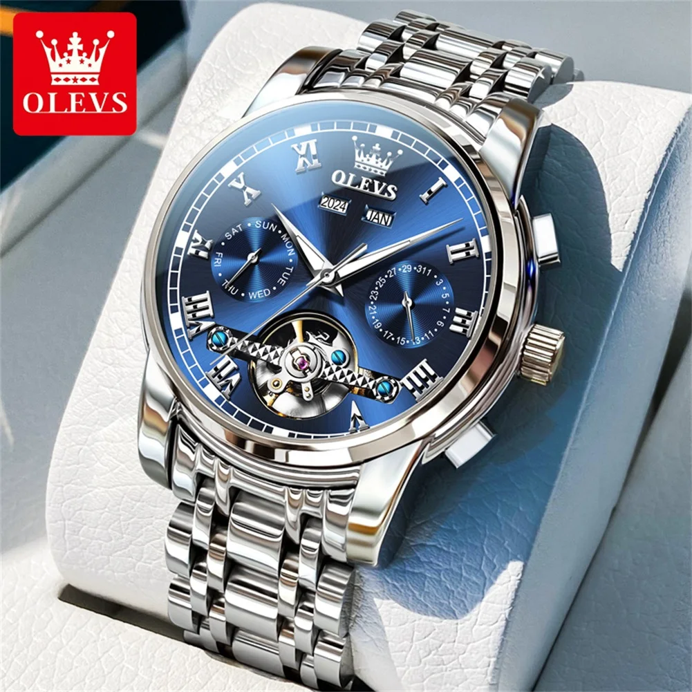 OLEVS 6607 Original Automatic Man Watch Skeleton Flywheel Auto Date Hand Clock Stainless Steel Waterproof Mechanical Wristwatch