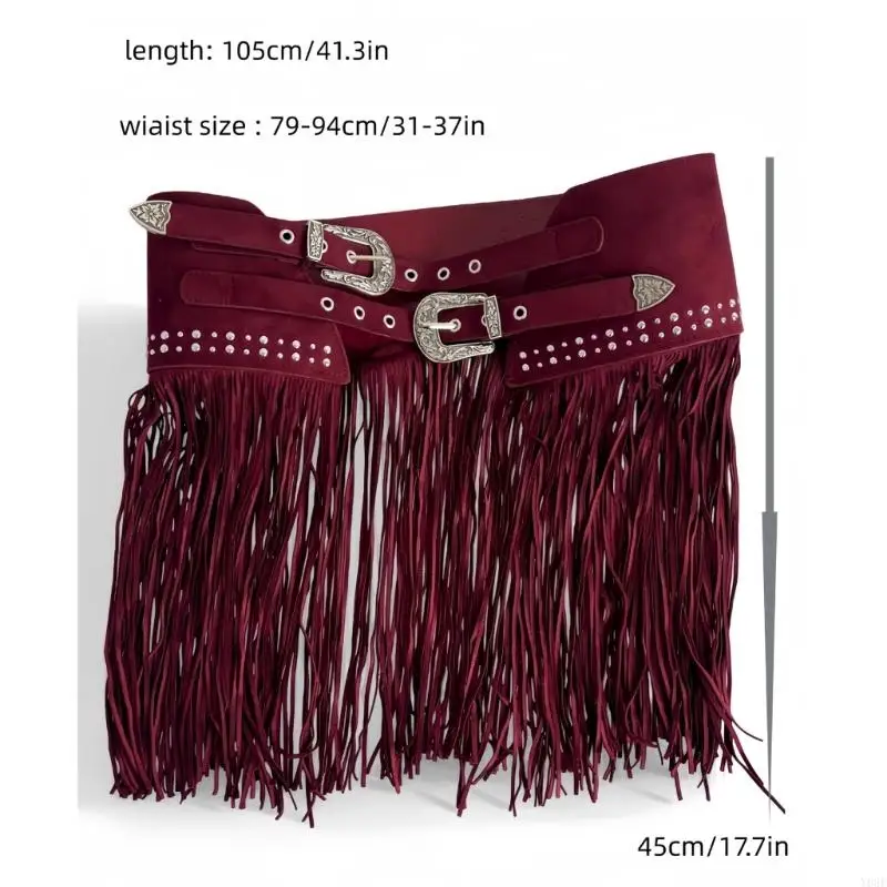 Cintura in da donna con frange western, cintura con gonna ampia con doppie fibbie in rosso vino opaco morbido per look da - immagine 6