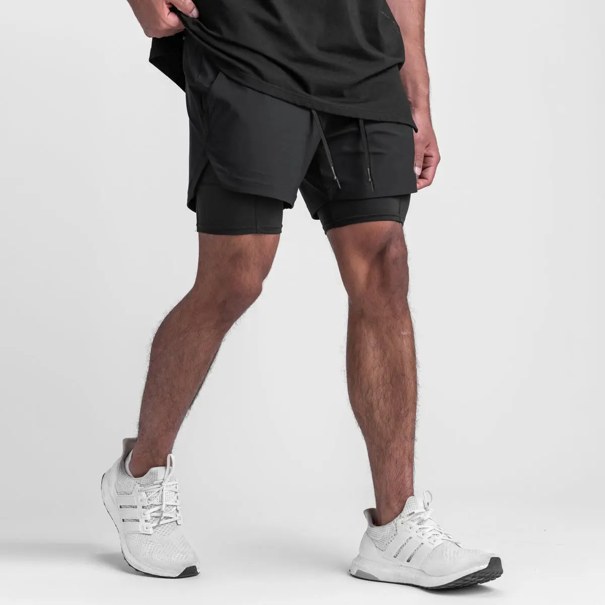 Fitness Shorts Men's Double-Layer Sports Running Invisible Open-Seat Sex Pants Quick-Dry Pants Multi-Pocket Lace 5 Points Shorts