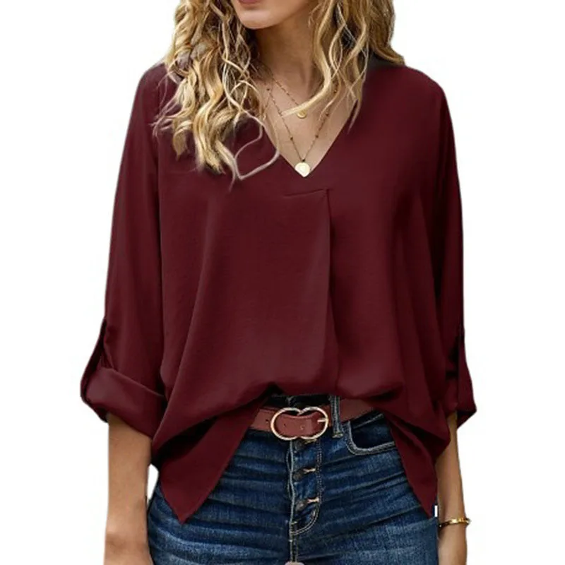 

Solid Color Loose Blouses For Women Fashion 2023 Summer Women's Long Sleeve V-Neck Shirts And Blouses Elegant Youth Female Tops