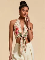 Haut court col licou pour femmes, Sexy, nœud sur le devant, sans manches, imprimé graphique Floral, col en v, dos nu, débardeur, vêtements Y2K, été 3