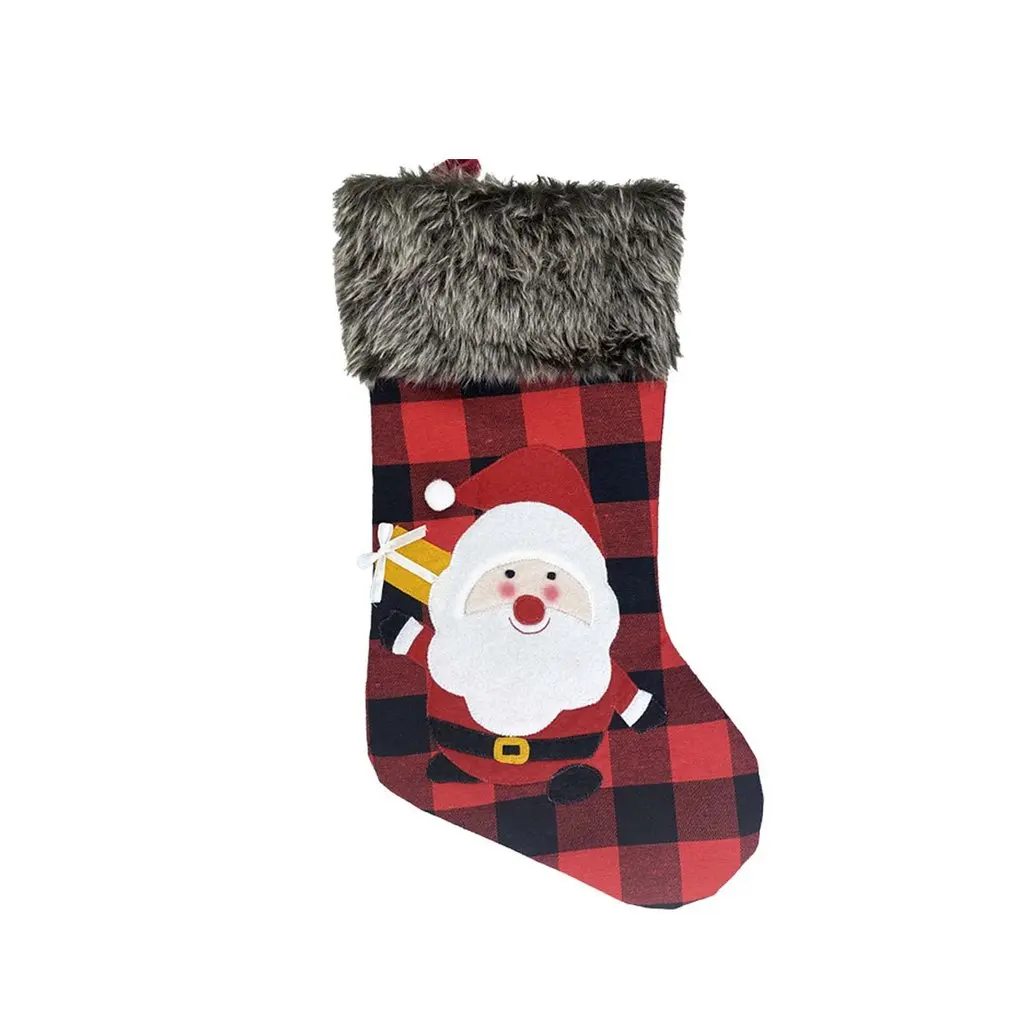 

Christmas Santa Claus Snowman Socks Decorative Supplies Red Black Plaid Winter Warm Linen Christmas Cartoon Gift Sock Pendants
