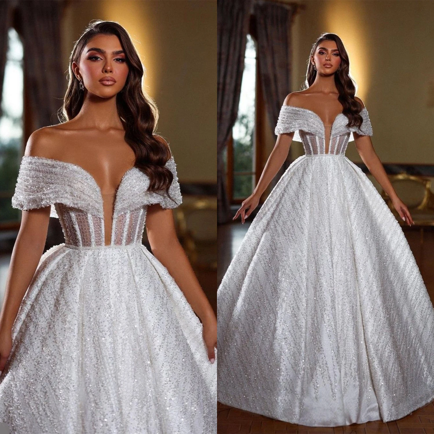 

Gorgeous A Line Wedding Dress Beading Applique V Neck Off Shoulder Bridal Gown Sweep Train Vestido De Novia Custom Size
