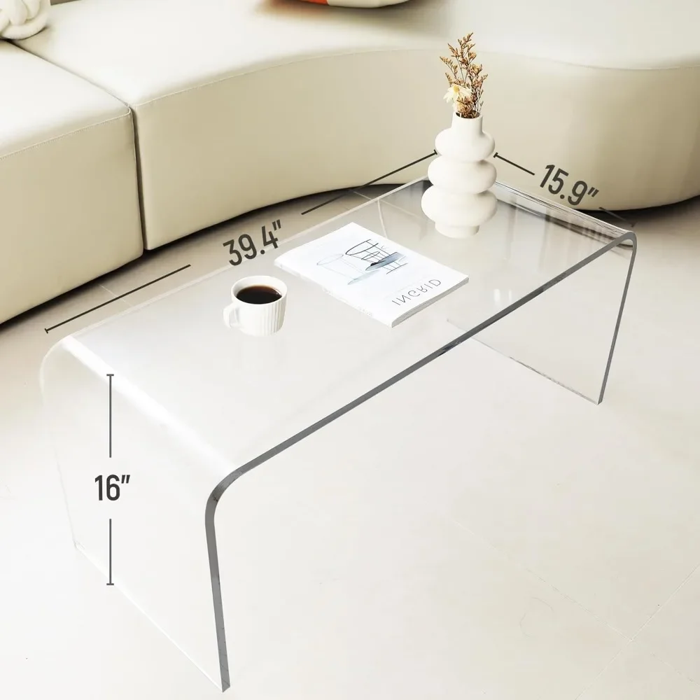 Coffee Table 39.25" Long Rectangle All Acrylic Thick Waterfall , Clear，Minimalist and Modern，Nearly Unbreakable，Store Display