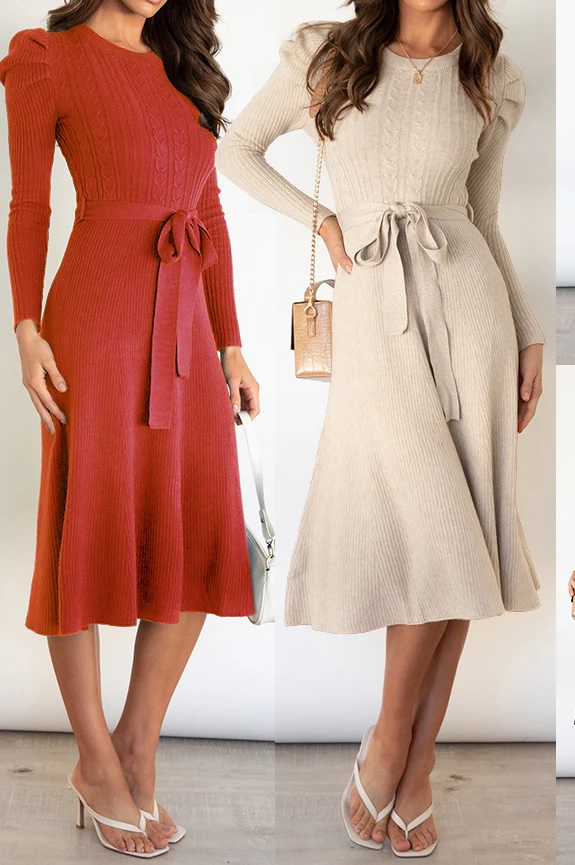 

Women's Autumn New Puff Long Sleeve Knit Skirt Mid-length Temperament Thin High Waist Swing Dress Stylish and Elegant Bottom