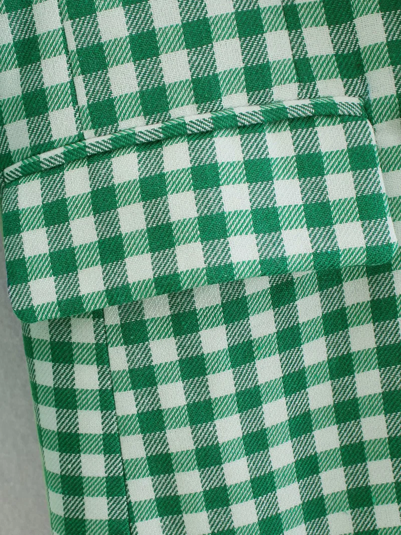Za Green Plaid Casual Blazers Simple Autumn Notched Collar Double Breasted Woman Loose Long Jackets Female Checked Coat 2024