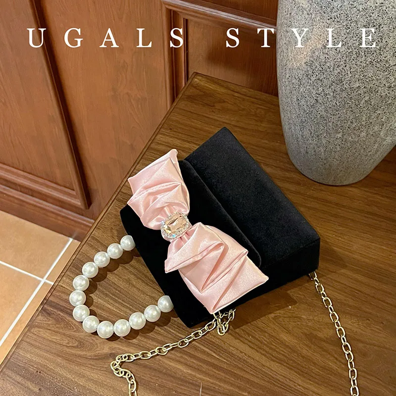 Japanese Sweet Cute Diamonds Women Bow Shoulder Bags Elegant Velvet Tote Bag Metal Chain Banquet Pearl Crossbody Bags for Ladies