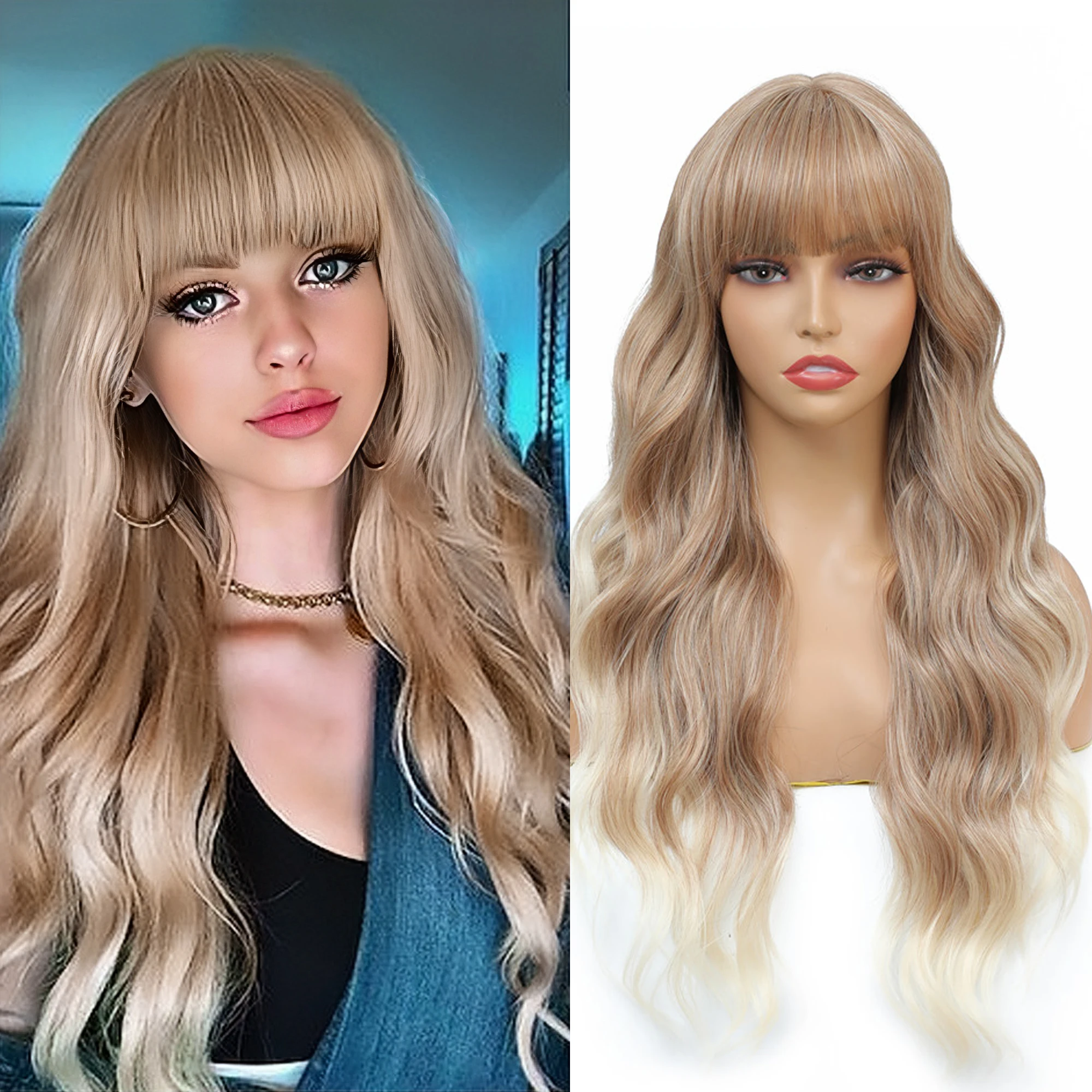 

Ombre Blonde Body Wave Wigs with Bangs Synthetic Wig for Women 22 Inch Long Black Light Brown Wavy Hair High Temperature Fiber