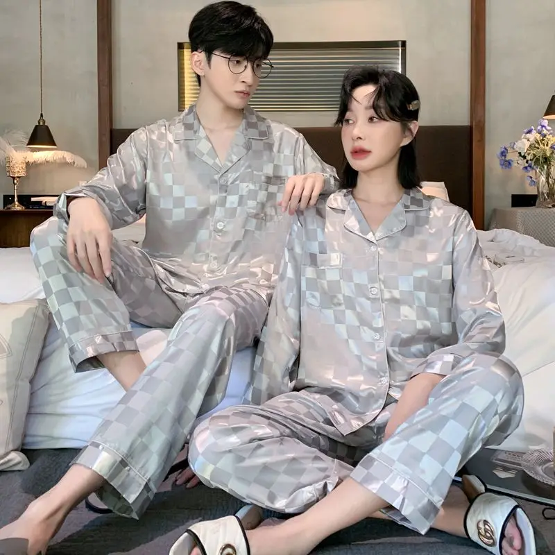 New High-end Couple Pajamas Women Spring Autumn Ice Silk Long Sleeve Loungewear Senior Sense Men Home Service Suit Sleepwear 2022 new ice silk pajamas women s spring thin long sleeved cardigan suit real silk suit sleepwear women loungewear