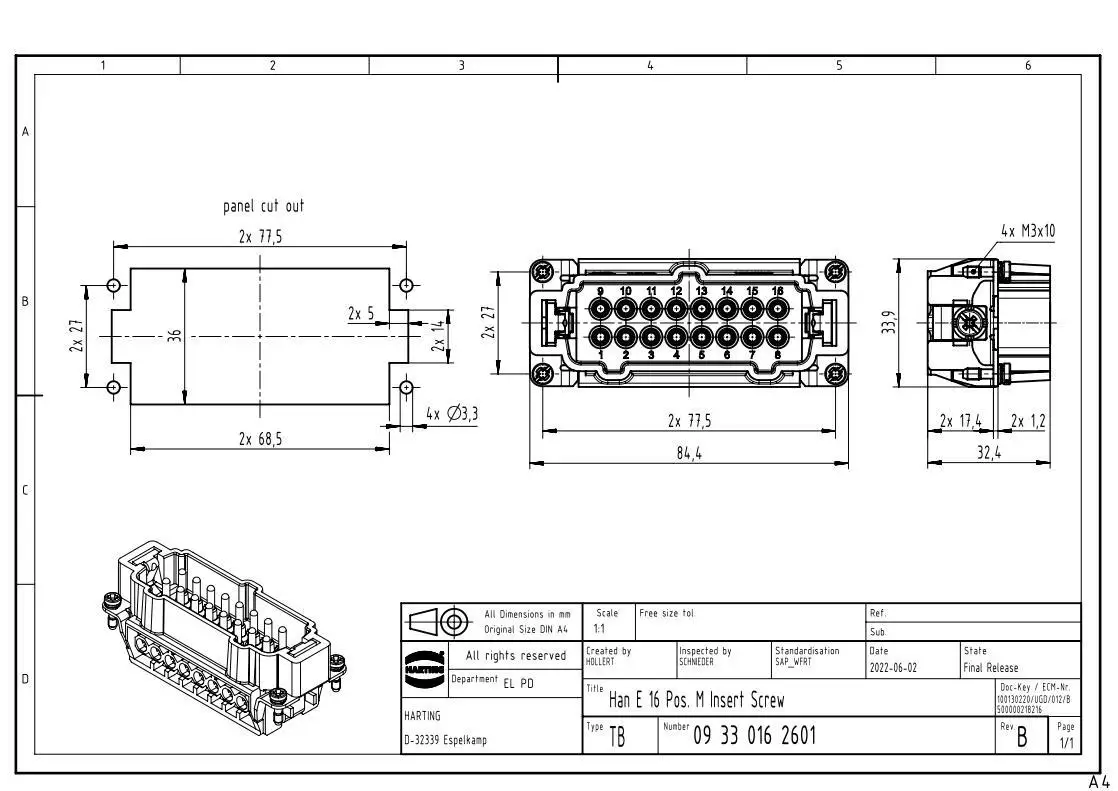 09330162601 HARTING 16-pin male Han-16E-M-s