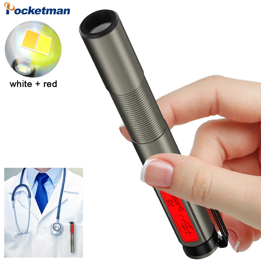 

Mini Medical LED Flashlight Pocket Pen Clip Torch White+Red Lights USB Rechargeable Hand Lamp Portable Nurse Detection Penlight