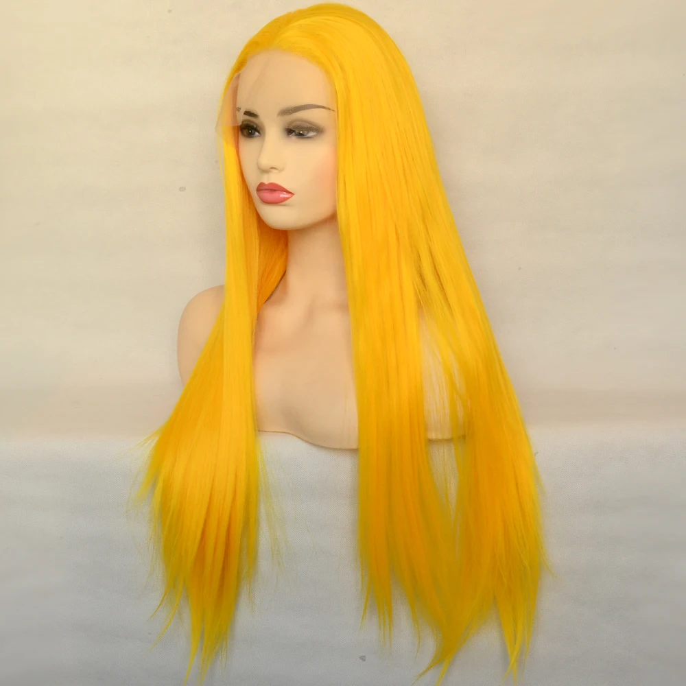 Yellow Synthetic Lace Front Wig Heat Resistant Fiber Silky Straight Natural Hairline For Women