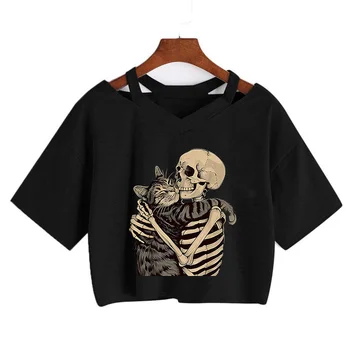 Halloween Skull and Cat Print Cropped T Shirt Sexy Comfortable Women Short Sleeve Crop Tops T-shirt Gothic Vintage Y2k Tees 1