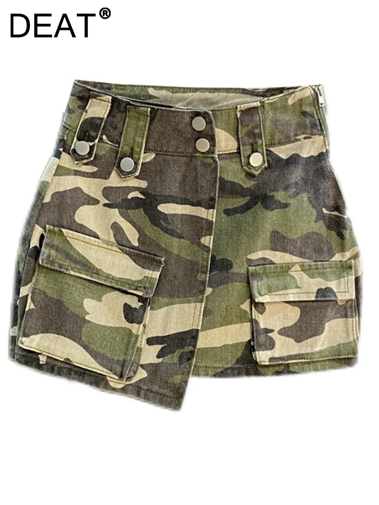 DEAT Fashion Women A line Skirt Camouflage Printed Button Asymmetric