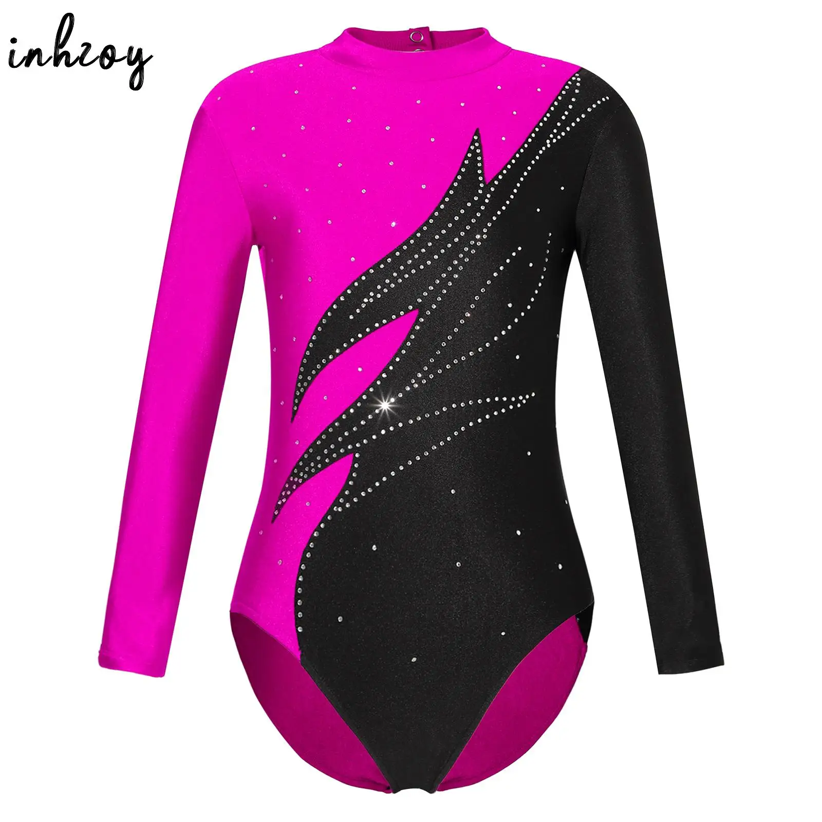 

Girls Rhinestone Gymnastics Leotards Acrobatics Jumpsuit Contrast Color Long Sleeve Ballet Dance Bodysuit Figure Skating Costume