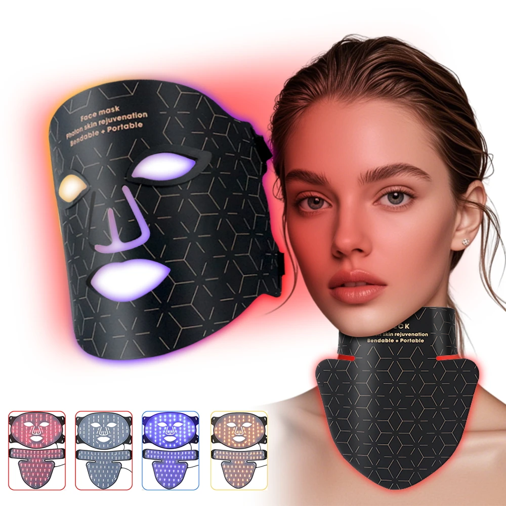 LED Facial Mask Silicone 4 Colors LED Face Mask Neck LED Red Light Photon Infrared Therapy Flexible Facial Mask Repair Skin Brighten Skin Tone