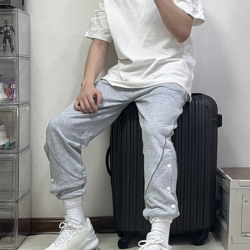 Grey American style sports pants with breasted reflective basketball pants Men's trendy basketball guard pants Loose casual trai