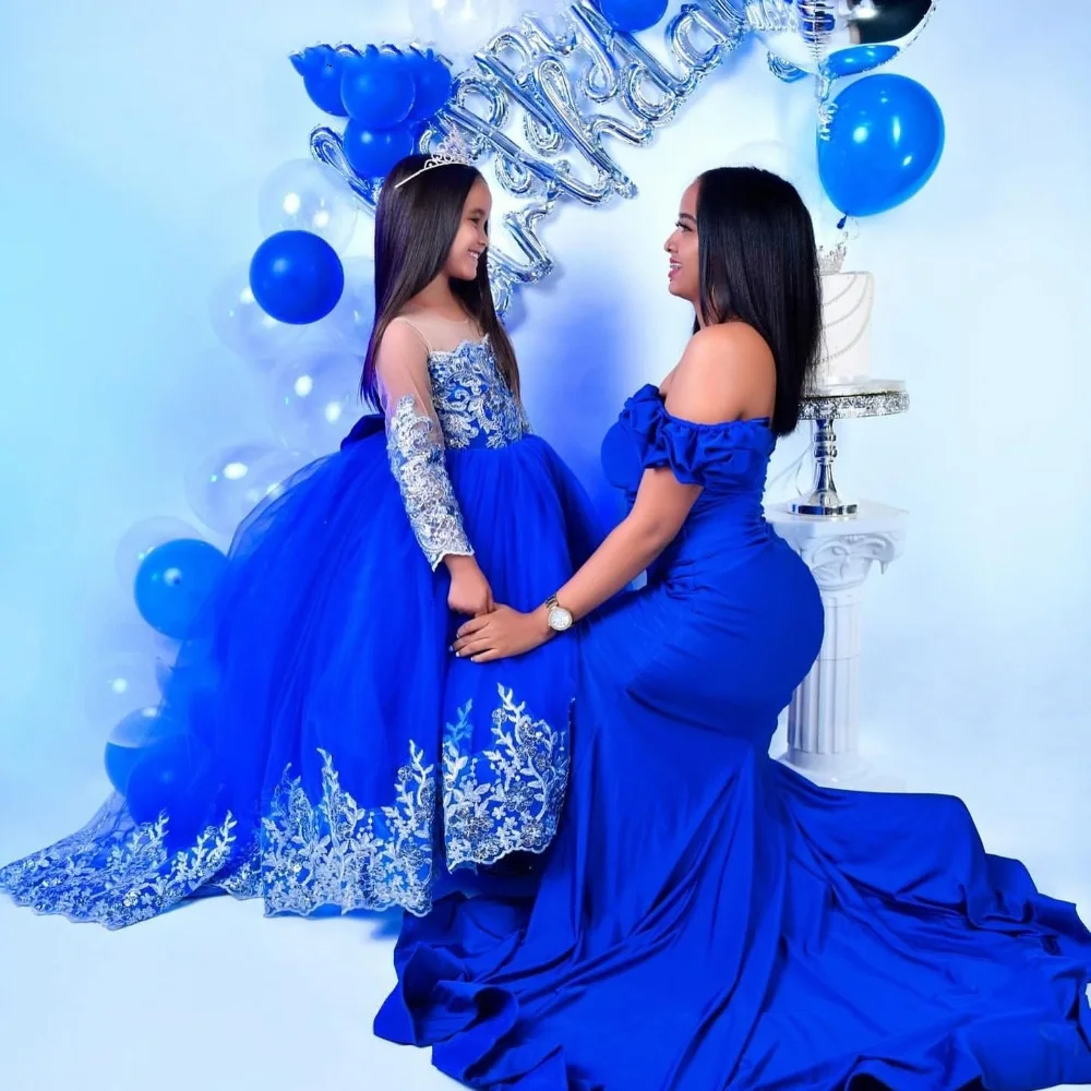 Customized Royal Blue Princess Flower Girl Dress for Wedding Lace Appliques Full Sleeve Baby Birthday Dress First Communion Gown 5