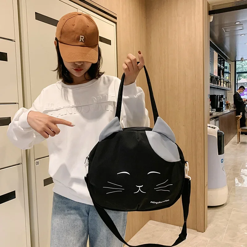 Cartoon Cat Pattern Tote Bag, Casual Lightweight Handbag, Ladies Fashionable Street Shoulder Bags Teen Nylon Cute Messenger Bag