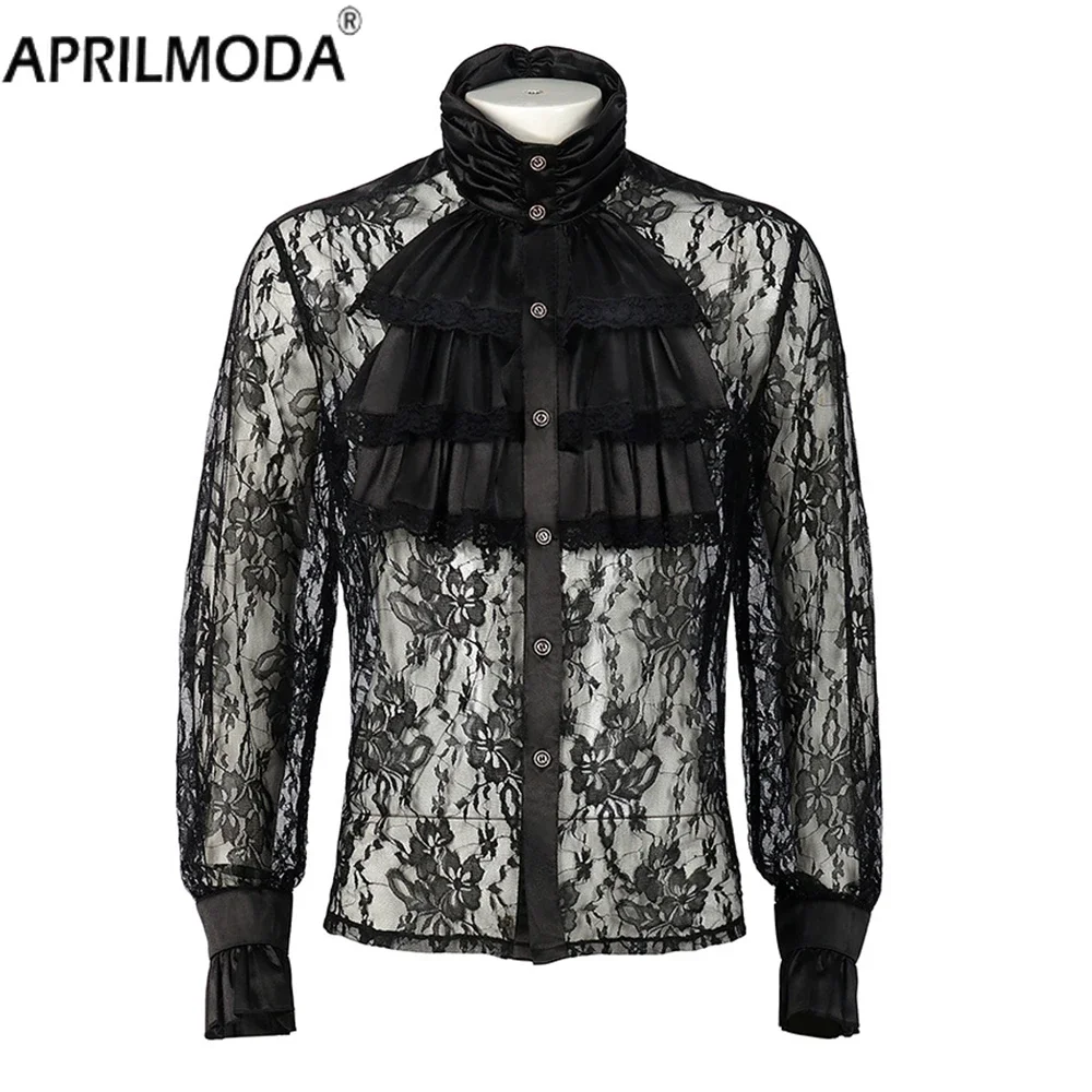 

Black Men's Renaissance Victoria Shirt Medieval Gothic Tops Chemise Homme Party Vintage Cosplay Steampunk Lace Shirts for Men