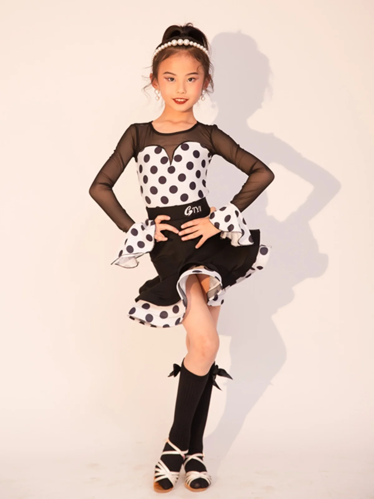 polka dot Long Sleeve Cha Cha Rumba Tango Latin Dance Dress Girls Kids Samba Salsa Clothes Children Competition Ballroom Dresses