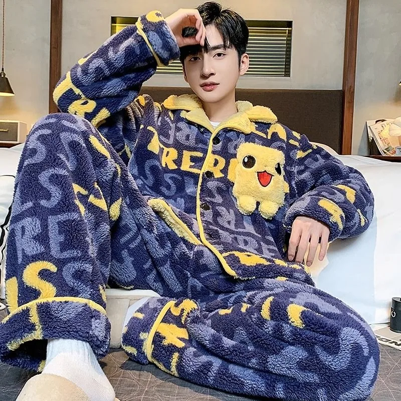 2024 New Men Pajamas Winter Coral Fleece Thickened Fleece Large Size Nightclothes Suit Flannel Teenagers Casual Warm Loungewear