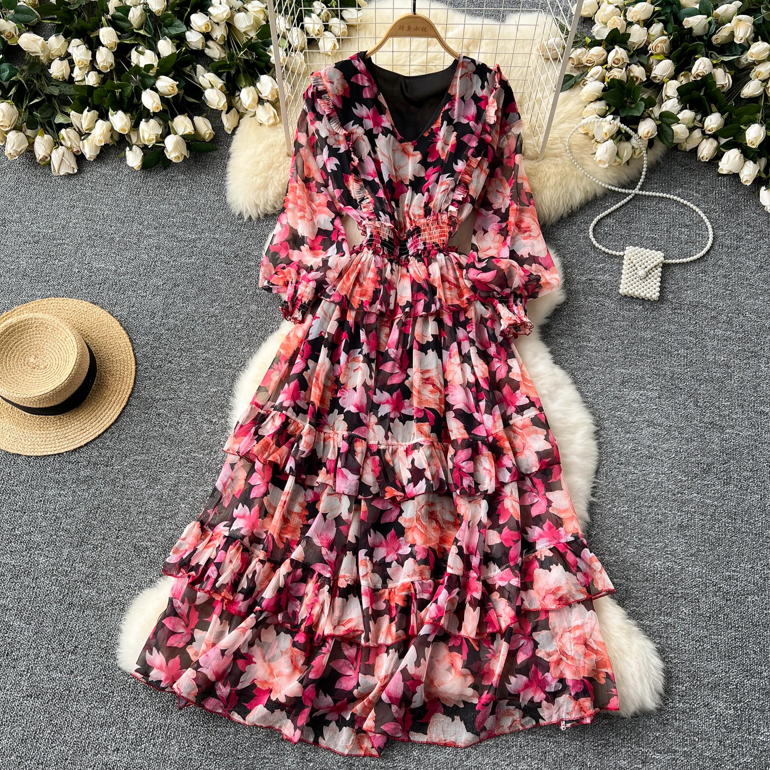 Chic Ruffle print V Neck Dress Chiffon A-line Casual Korean
