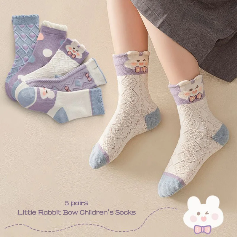 5 Pairs/Lot Cute Rabbit Bow Children Socks Summer Breathable Mesh Girls Middle Tube Socks Kids Casual Cotton Socks 3