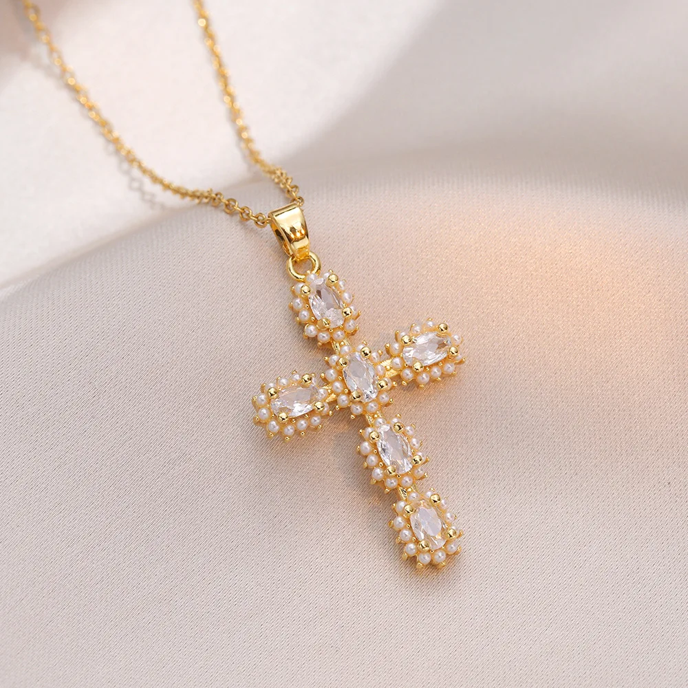 Fashion trend titanium steel zircon cross necklace for women