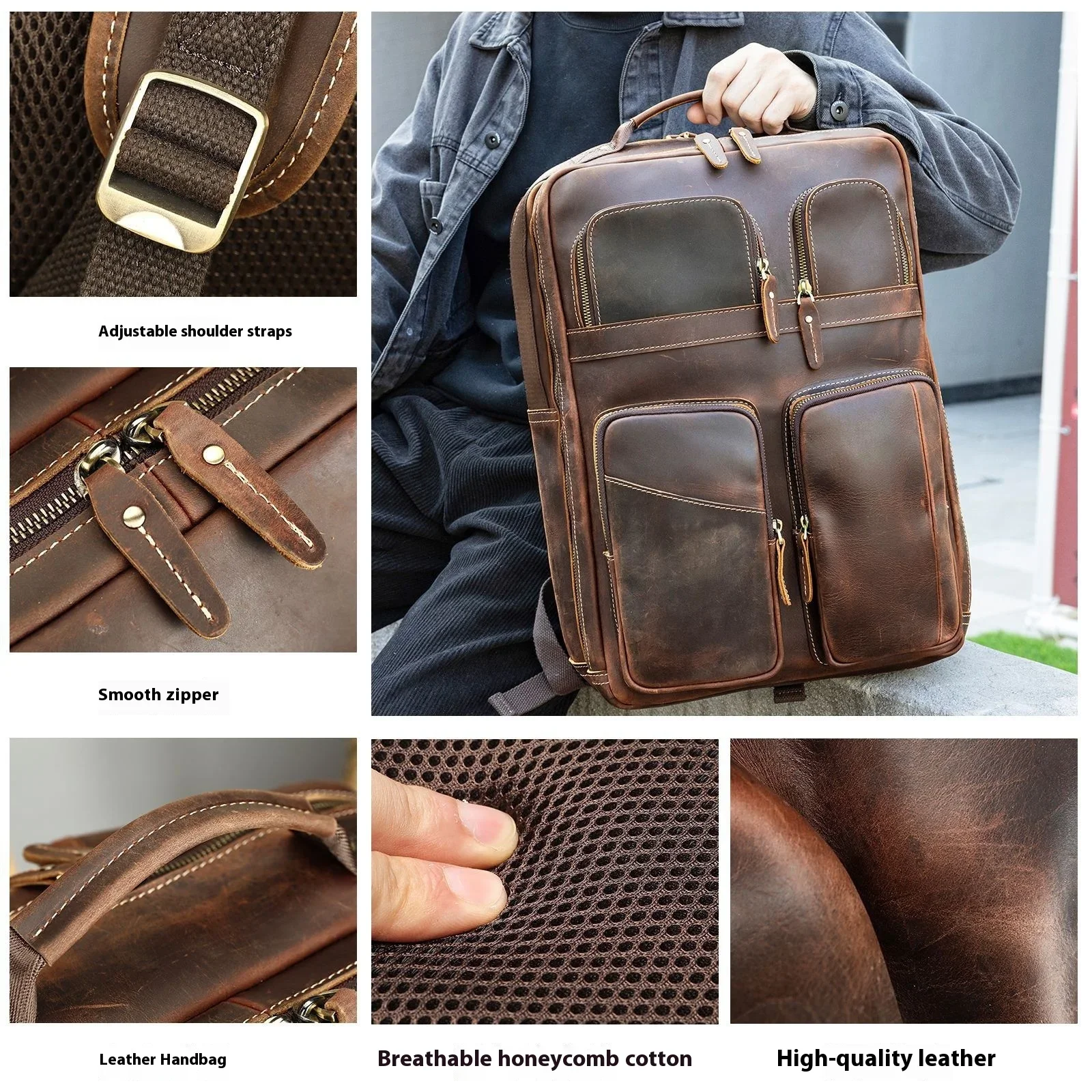 Vintage Crazy Horse Leather Men's Backpack with Large Capacity for Business Travel and 17-inch Laptop