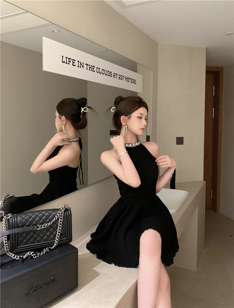 Elegant Halter Black Dresses for Women Summer New Backless Ruffles A-line Korean Birthday Party Dress Prom Short Vestidos Mujer