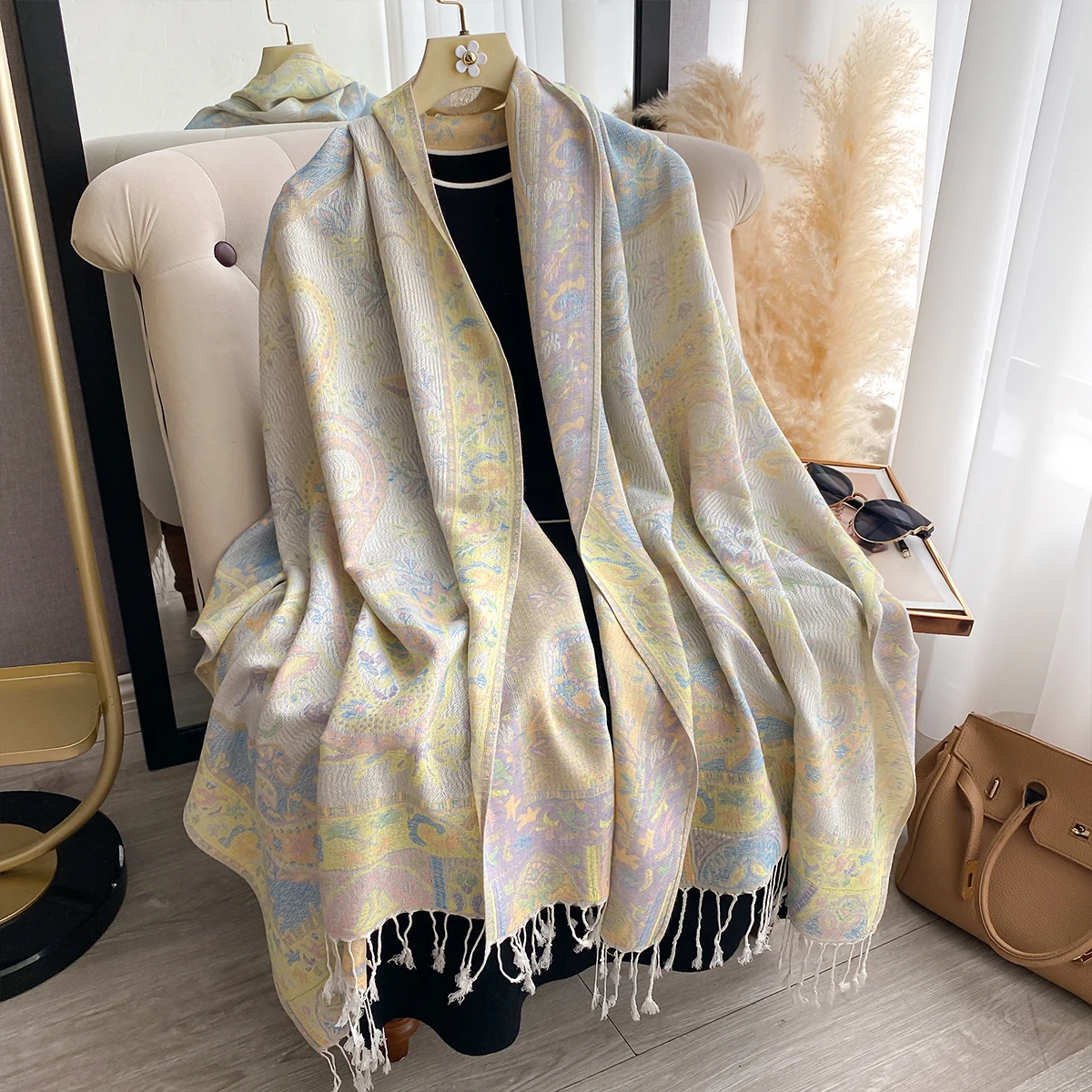 Luxury Women's Winter Cashmere Scarf - Printed Tasseled Shawl, Embroidered Chunky Headscarf & Elegant Pareo Cape
