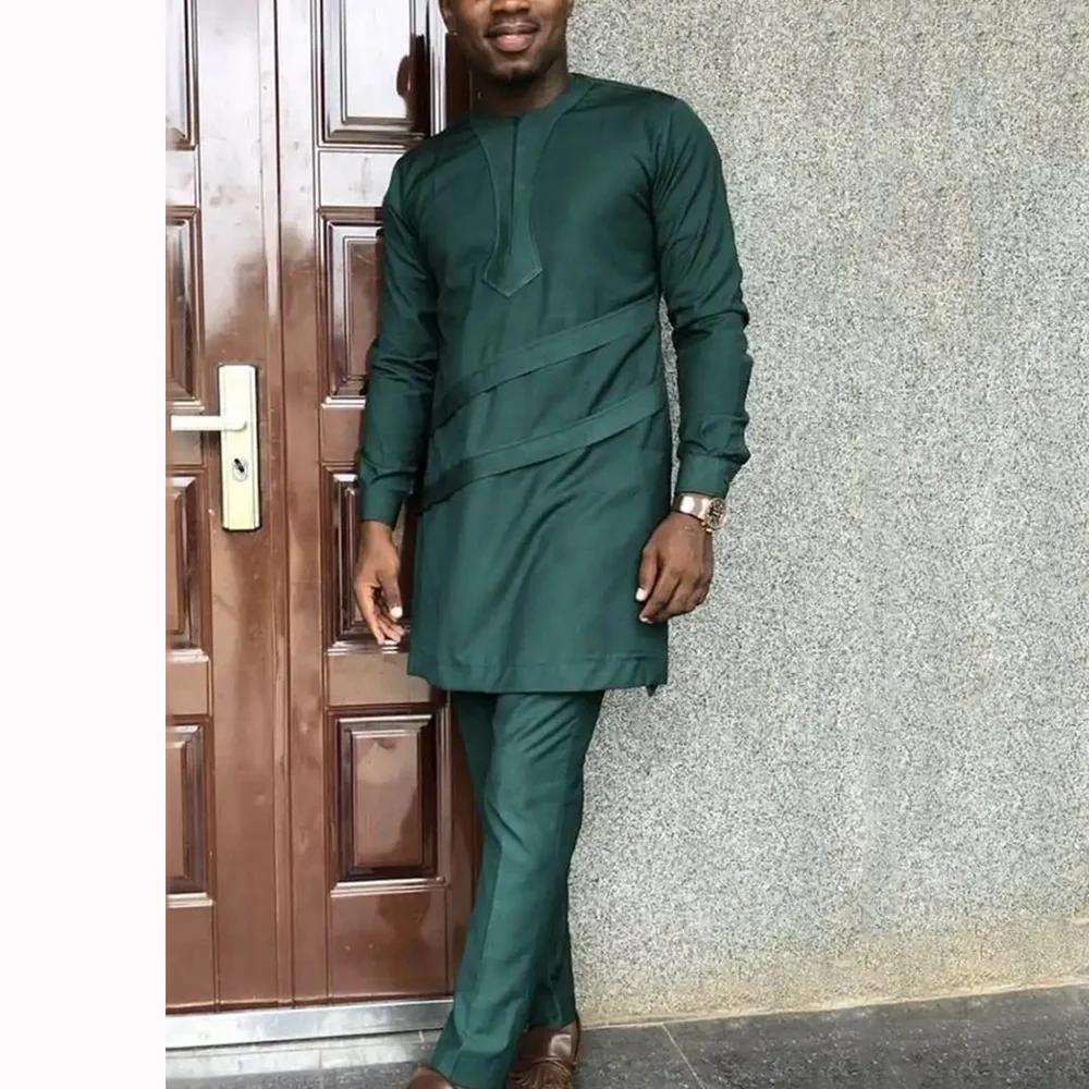 Kaftan Outfit Set Kaftan Elegant African Men's Set Long Sleeve Ethnic Top And Pants Full Luxury 2 Pieces Outfits Dashiki Solid Color Wedding Dress