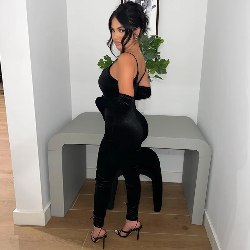 BKLD Women Clothing 2023 Spring New Solid Color Black Jumpsuits With Gloves Spaghetti Strap Jumpsuit Sexy Night Club Outfit