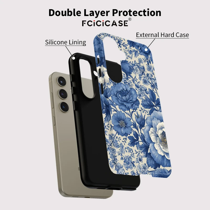 Blue Flower Pattern Shockproof Silicone Phone Case - Double-Layer Protection