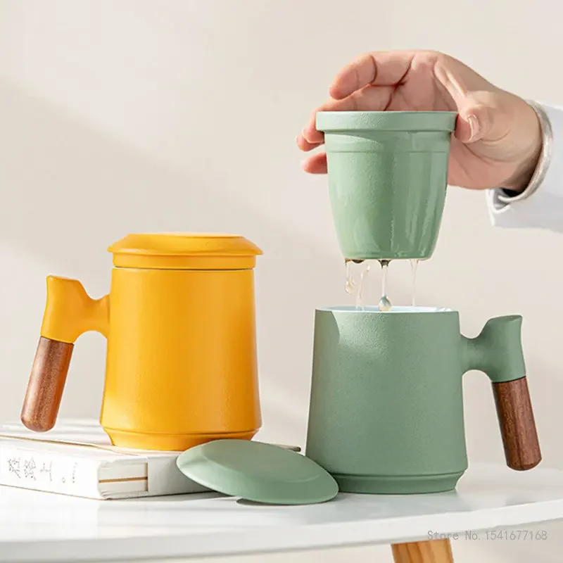 Creative Ceramic Filter Tea Cups, with Lid Monochromatic Gradient Mug, Personalized Tea Separation Flower TeaCup Office Cup, 1Pc