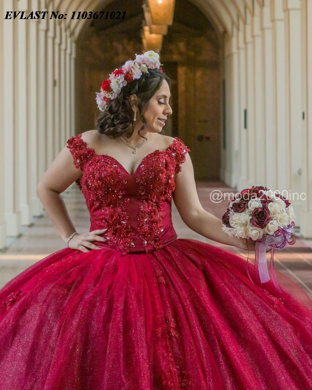 EVLAST Burgundy Quinnceanera Dress Ball Gown Applique Beaded Crystal Mexico Corset Sweet 16 Vestidos De 15 Anos SQ593