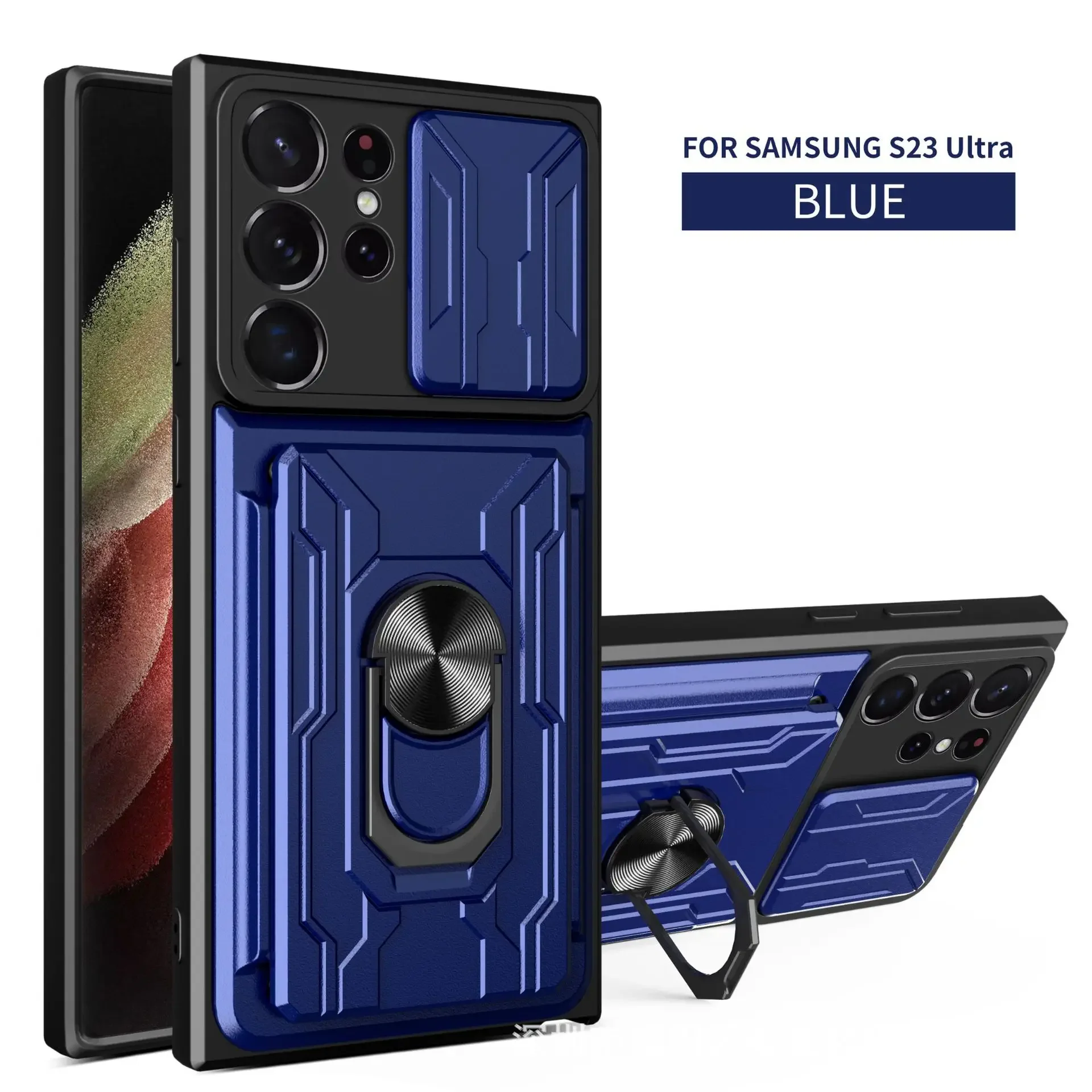 Premium Military Grade Slide Stand Ring Case with Camera Protection & Card Slot